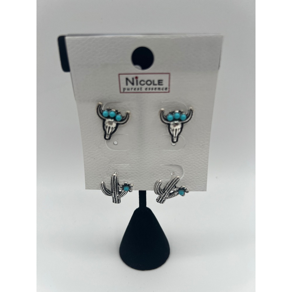 Nicole Purest Essence Western Stud Earring Set Bull Skull Cactus Turquoise